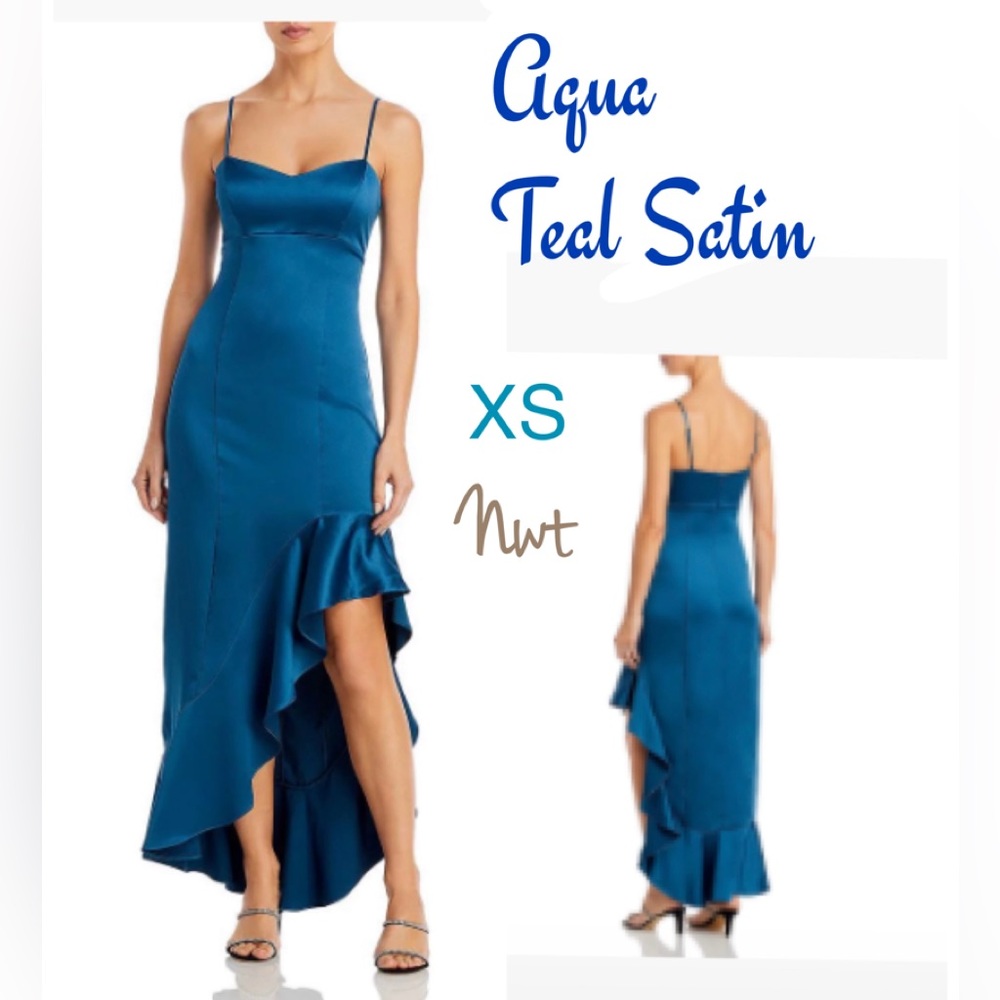 Teal satin maxi cocktail dress high low midi maxi luxe dress dark teal blue NWT